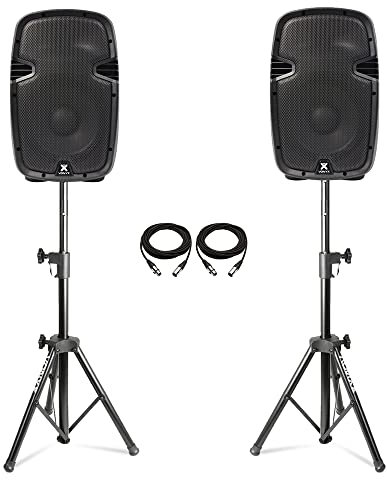 Vonyx SPJ-1000AD Active PA Speaker System Pair with Stands & XLR Cables - 10 Inch 800W Powered DJ Speakers Set for Live Music, Mobile DJ, Events & Parties Complete Sound Setup Kit