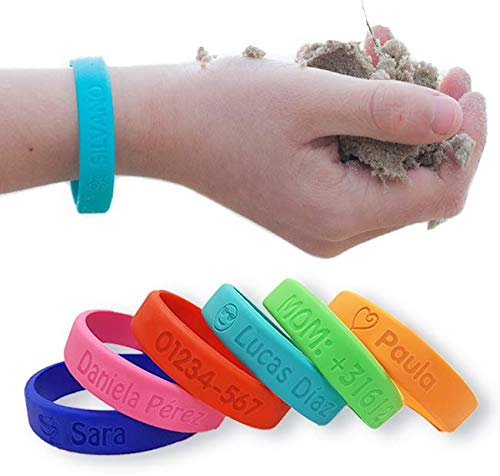 bienpegado Pulsera personalizada SOS para niños de silicona, ideal para salidas y paseos. En varios tamaños y colores. Resistente al agua y duradera (Azul cielo).