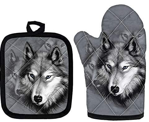 HUGS IDEA Grey Wolf Cool Animal Art Ofenhandschuhe, Hitzebeständige Ofenhandschuhe, Küchen Ofenhandschuhe und Topflappen, für Küche, Kochen, Backen, Grillen, Grillen