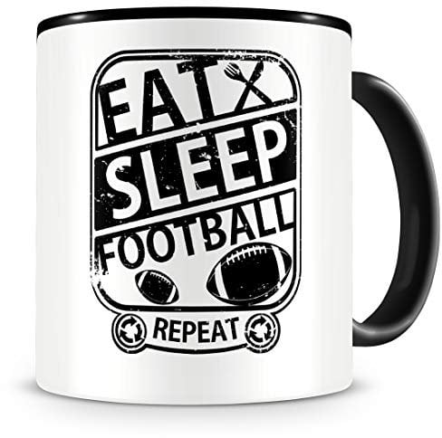 Samunshi® Football Tasse mit Spruch Eat Sleep Football Repeat Geschenk für Footballer Kaffeetasse groß Lustige Tassen zum Geburtstag schwarz 300ml