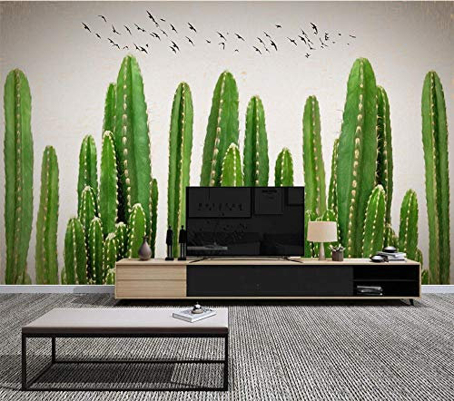 Papier Peint 3D Intissé Oiseau Cactus Dessiné À La Main Verte Papier Peint Panoramique 3D Moderne Decoration Murale Chambre Salon Décoration Murale 250cmX175cm
