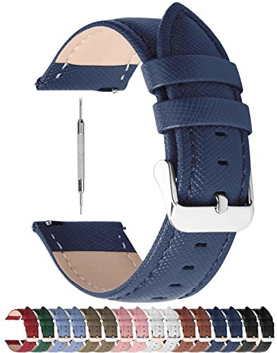 Fullmosa 14mm,16mm,18mm,20mm,22mm,24mm Bracelet de Montre en Cuir véritable,Cross Montre Bracelet Homme Femme à Dégagement Rapide,14mm Bleu Foncé+Boucle Argent