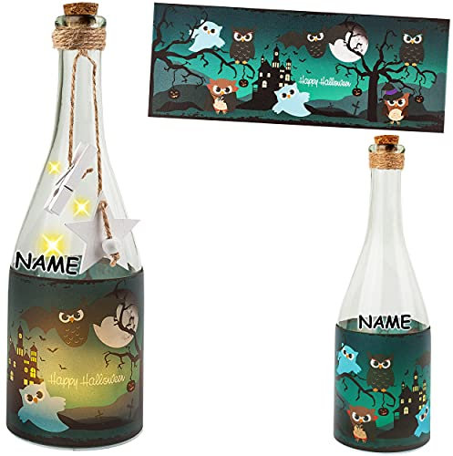 3 Stück Glas - Lichterflaschen Motiv frei wählbar 6 Stück LED lustige Eulen - Happy Halloween inkl. Name - Timer Funkiton - LICHT Dekoflaschen/FLA..