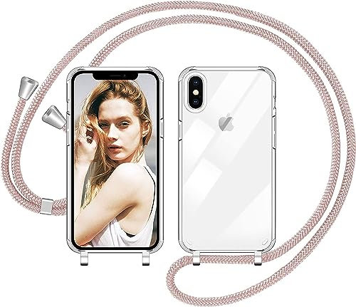 Nupcknn Handykette für iPhone X/iPhone XS Hülle mit Band,Dünn Transparent Handyhülle (Abnehmbar) Necklace mit Kordel zum Umhängen Kameraschutz Handy Kette Stossfest Schutzhülle(Rosegold 1, 5.8)