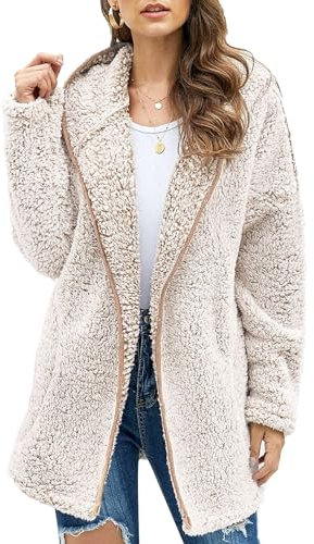 Les umes Damen-Fleece-Kapuzenmantel mit Reißverschluss, weicher Kapuzen-Cardigan, flauschiger Winterjackenmantel mit Tasche Khaki XXL
