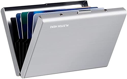 Alster Herz* Kartenetui Kreditkarten Etuis RFID NFC Schutz, Damen Herren aus gebürstetem Edelstahl, Visitenkarten Etuis 6 Fächer, EC Karten, Bargeld Hülle Kreditkartenetui (Silber)