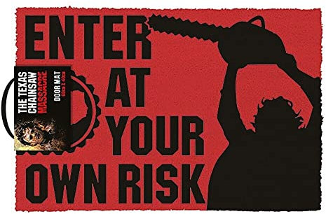 Texas Chainsaw Massacre Doormat (Enter at Your Own Risk Design) Red and Black Novelty Door Mat, 60cm x 40cm - Official Merchandise