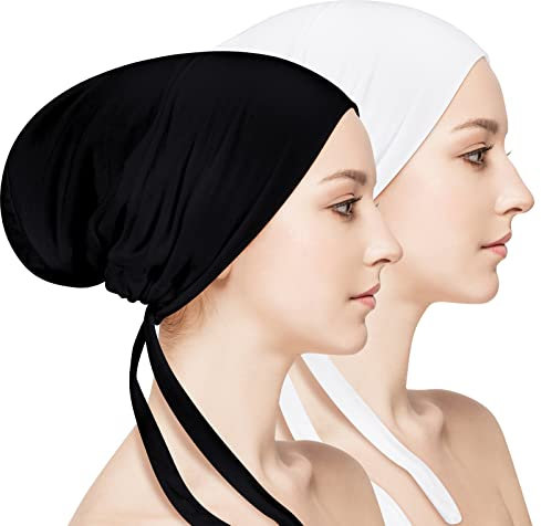 2 Stück Damen-Unterschal, Hijab-Kappe, islamischer Hijab, Unterkappe, Haube, muslimische Innenmütze, Unterschal, Turban-Kappen mit Bindebändern am Rücken, schwarz, weiß, 9.8 x 7.8 inches