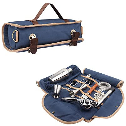 Hosoncovy Barkeeper-Tasche Reise-Barkeeper-Kit-Tasche mit Schultergurt Barware-Set Rolltasche für die Aufbewahrung von Reisen, Camping, Picknick, Partys, Cocktailherstellung (Leere Tasche) (Blau)