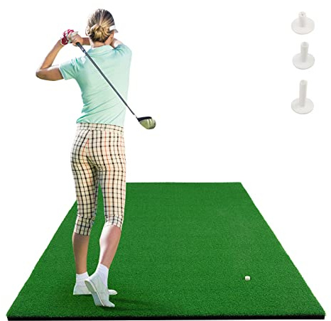 COSTWAY Tapete de Golf 1,5 x 1 m, Alfombrilla con Césped Sintético 12mm y 2 Posiciones para tee, 3 Camisetas de Goma, Alfombra de Práctica de Golf Uso Interno y Externo