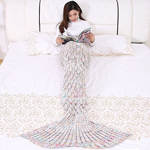 Devola Meerjungfrau Decke Damen mit Stricken Muster Winter warme Handarbeit Meerjungfrau Decke Weiche Schlafsack Tasche Niedlich Meerjungfrau-Geschenk Weiß 90x55cm 1 Stück