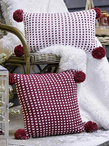 Dekoleidenschaft 2X Kissenhülle Bommel mit Strickmuster in rot & weiß, 50x30 cm + 45x45 cm, Kissenbezug ideal für Winter & Weihnachten, Zierkissen-Bezug, Sofakissen-Hülle