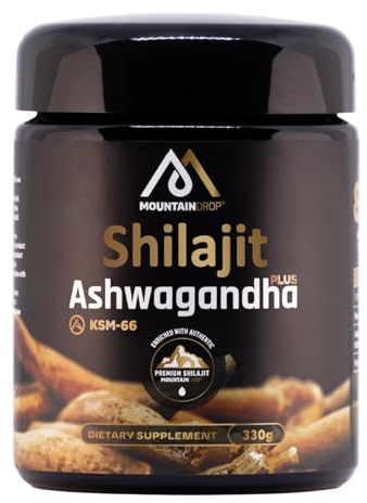 Mountaindrop Ashwagandha Plus 330g I Komplex aus 25g Ashwagandha + 25g Shilajit + 280g Kastanienhonig I laborgeprüfte Nahrungsergänzung I Schlafbeere-Extrakt