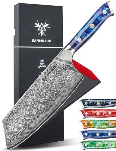 SANMUZUO Nakiri Messer 19 cm Profi Küchenmesser Damastmesser, Xuan Serie, VG10 Damaskus Stahl Küchenmesser mit Harz Griff(Saphirblau)