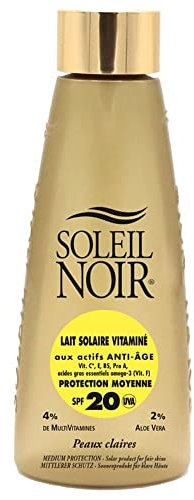 Soleil Noir - Lait Solaire Vitaminé 10 Faible Protection Solaire UVA et UVB - Peaux Mates et Bronzées - Actifs Anti-Âge et Vitamines - Fabrication Française - Flacon avec Capsule Twist, 150 ml
