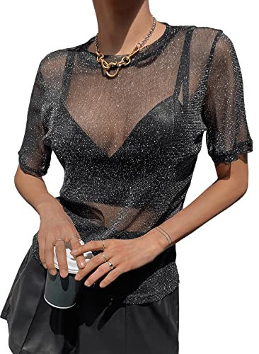 GORGLITTER Mesh Top Damen Glitzer Durchsichtiges Oberteil Kurzarm Top Mit Netzstoff Sexy Tops Party Glitzer Shirt Schwarz L