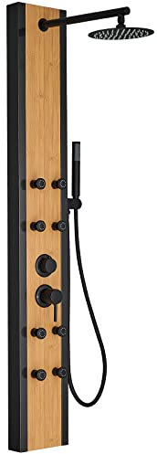 BWE Duschpaneel Massage Panel Schwarz 8 Strahlen Multifunktion Duschpaneel System Bambus Holz und Edelstahl Panel mit Handstab Wandhalterung Duschsäule
