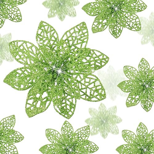 WILLBOND 36 Stück Weihnachtliche Glitzer Weihnachtsstern Blumen Hochzeit Glitzer Blumen Weihnachtsstern Blüten Deko Weihnachtsbaum Neujahr Ornamente (Senfgrün)