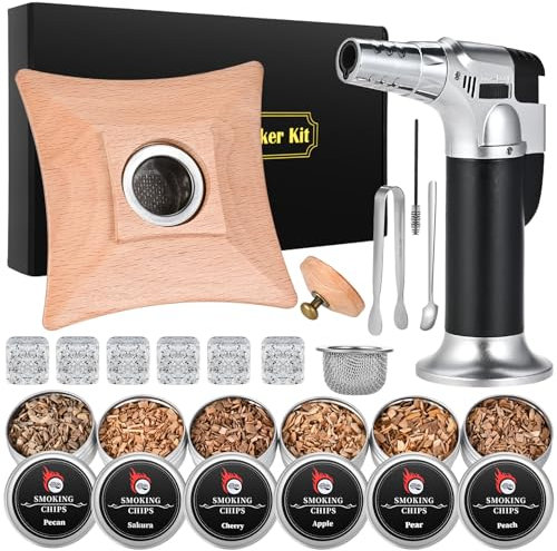 GOLDGE Cocktail Smoker Kit with Torch, Whiskey Smoker Drinks Kit with Six Kinds of Wood Chips, Old Fashioned Whisky Smoker with Whiskey Stones, Gift for Father, Husband, and Cocktail Lovers(No Butane)