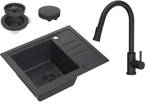 VBChome Granitspüle Schwarz 55x44 cm – Einbauspüle mit Armatur & Siphon – Spülbecken mit Ausziehbarer Brause – Reversibel, Einzelbecken, Gesprenkelt – Küchenspüle Granit