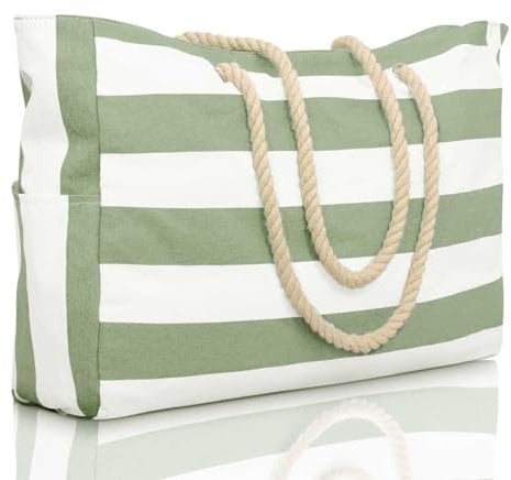 Airmsa Strandtaschen für Frauen, Große Badetasche Wasserdicht Strandtasche mit Reißverschluss, Grosse Familie Einkaufstasche Faltbar Umhängetasche Tragetasche Shopping Bag Reisetasche (Grün)