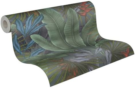 Livingwalls Dschungel Tapete 396471 in Grün, Grau, Blau - Wandtapete mit Dschungel Optik - florale Tapete mit Palmenblättern - hochwertige Tapete auf 10,05m x 0,53m