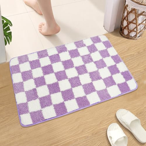 Karierte Badematte Badezimmerteppiche Marokkanischer Schachbrettteppich Anti-Rutsch Doormat Badeteppich Weiche Mikrofaser-Maschine Waschbare Fußmatten für Wanne (lila, 45x65cm)