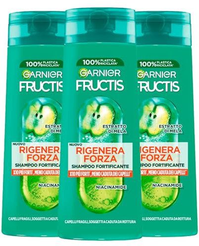 Garnier Fructis Kräftigendes Shampoo für sprödes Haar mit Apfel- und Niacinamid-Extrakt, strahlendes gesundes Aussehen, 3 Flaschen à 250 ml