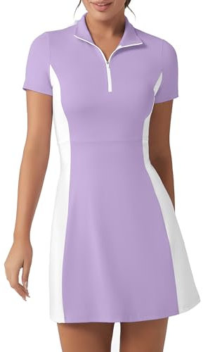 FKEEP Vestito da golf e tennis con pantaloncini da donna con collo a polo atletico allenamento abito da golf casual senza maniche abito a blocchi, Viola chiaro e bianco, S