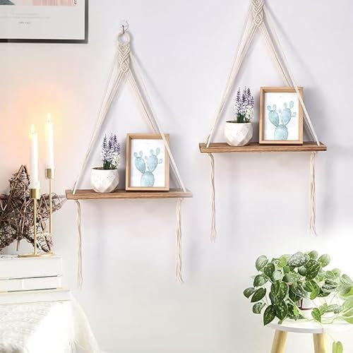 Hodofice 2er Set Boho Deko Wandregal Hängeregal Holz Makramee Beige Wanddeko Handgewebte Schweberegal Pflanzenregal Wall Shelf Balkon Wohnzimmer Schlafzimmer Kinderzimmer Regal Wand Geschenke