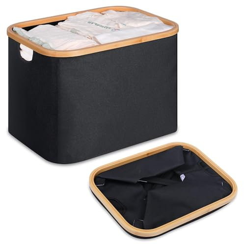 efluky Foldable Washing Basket, 48L Bamboo Laundry Basket, Collapsible Laundry Baskets Wash Clothes Ironing Baskets, Black Folding Laundry Hamper