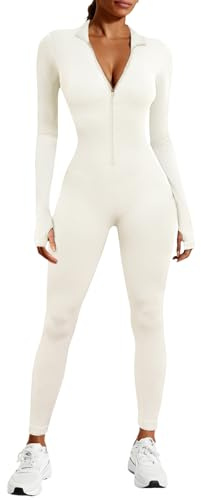 Voqeen Jumpsuit Damen Langarm Zip Up Leggings V-Ausschnitt Yoga Overall Elegant Playsuits Jogging Strampler Hosenanzug Trainingsanzug
