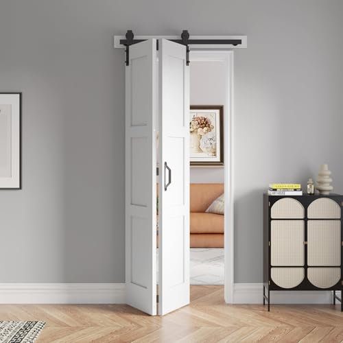 FREDBECK Puerta de granero plegable de 36 x 84 pulgadas, color blanco con accesorios, superficie de PVC impermeable, requiere montaje