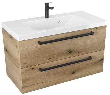 Furni Loft-Waschbeckenunterschrank 80 ATH DC - Mattes Holz - Schwarzer Mattgriff