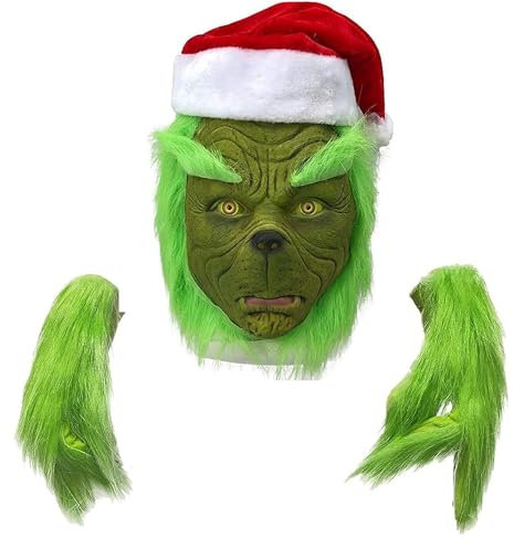 LKOIVNED Grinch Maske, Grinch Deko Weihnachten, Weihnachtsmaske und Handschuhe mit rotem Hut Cosplay, Grinch Kostüm für Halloween Xmas Funny Karneval Party Full Face Latex Helm Kostüm Requisiten