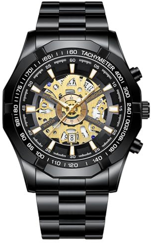 Silverora Uhren Herren Datum Leuchtende: 3ATM Wasserdicht Imitation Mechanische Edelstahl Analoge Quarz Herrenuhren Kalender Tachymeter Uhren mit Leuchtzeiger Geschenke für Männer Schwarz Gold