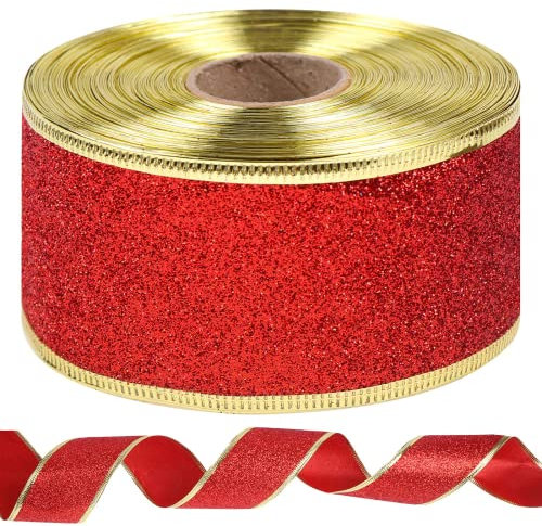1 Rolle Rote Geschenkband Weihnachten, 25 Yard/22M Glitter Weihnachtsbänder Schleifenband Satinband Dekorative Bastelband für DIY Geschenkverpackungen, Weihnachtsbastel Weihnachtsbaum Dekor