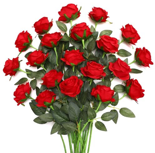 JUSTOYOU 20 rose rosse artificiali, rose artificiali in seta con stelo, bouquet di rose artificiali realistiche per casa, tavolo, ufficio, feste, matrimoni, giardino, composizioni (rose rosse fiorite)