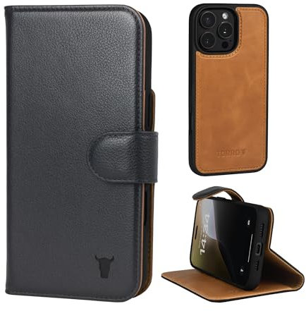 TORRO Leather Case Compatible with iPhone 16 Pro Max – Leather Bumper Case with Magnetically Detachable Wallet Cover with Stand and Card Slots (Compatible with Official MagSafe Chargers) - Black