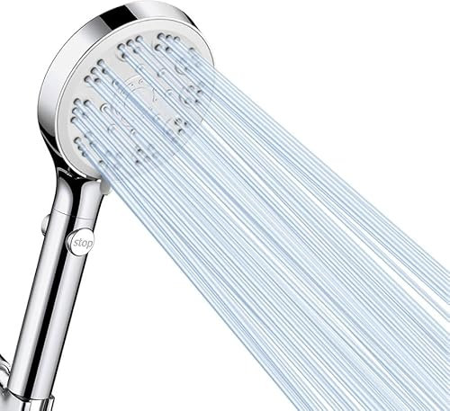 Pommeau de douche économiseur d'eau, 5 types de jets, douchette à économie d'eau, avec fonction d'arrêt, pommeau de douche avec fonction anti-calcaire, chromé
