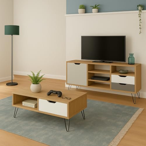 MOMMAHOME® Lot de 2 meubles de salon : meuble TV et table basse – Finition chêne, blanc et gris en MDF, pieds en métal, ensemble salle à manger