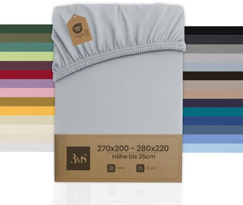 Bettwaesche-mit-Stil Familienbett Spannbettlaken Jersey Spannlaken Spannbetttuch (270x200-280x200 cm, Matratzenhöhe bis 25cm, Grau Blau) Gewicht: 180g/m², 90% Baumwolle 10% Elasthan