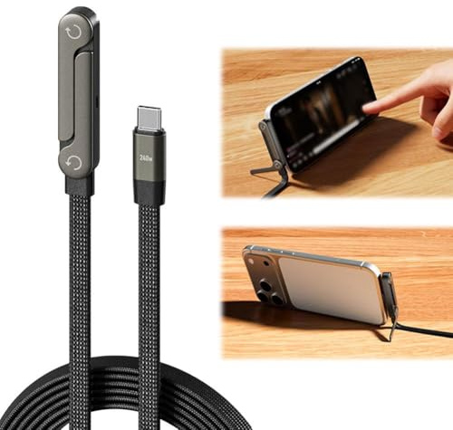 2 in 1 Charging Cable, 240W Folding Stand Braided Data Cable with Built-in Stand, Charging Phone Support with 360° Rotation Adjustable Tilt Braided Data Type-C for Gaming Video & Work (C to C)