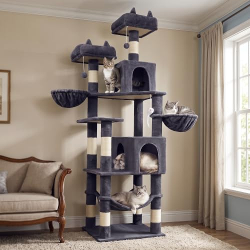 LIKISAK Cat Tree, 180 cm Cat Tower with Scratching Posts for Indoor Cats | Multi-Level Tall Cat Tree Tower for Big Cats with 2 Cozy Condos, 2 Hanging Baskets, Cozy Hammock, 3 Top Perches, Dark Grey