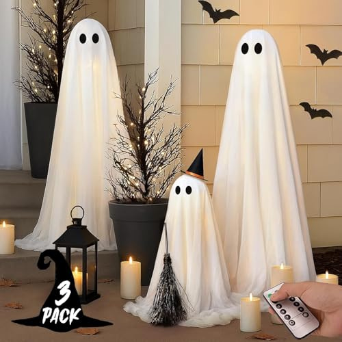 Halloween Ghost Lights,3 Set Remote Outdoor Decor | Three Standing Adjustable Ghosts,Timed Remote Leds,Foldable Tripods And Wind Resistant Weight Pouches
