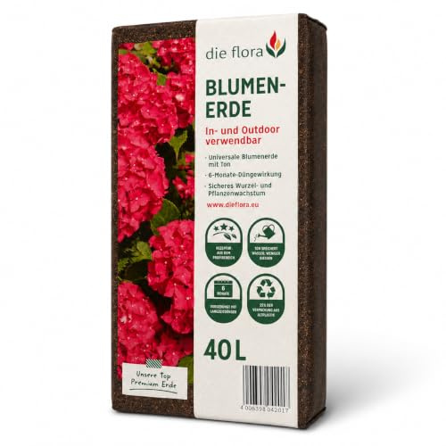 die Flora Premium Blumenerde 40 L – Torfreduzierte Universalerde mit Langzeitdünger für Zimmer-, Balkon- und Gartenpflanzen