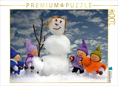 CALVENDO Puzzle Vier kleine Wichtel Bauen eine Schneefrau | 1000 Teile Lege-Größe 64 x 48 cm Foto-Puzzle für glückliche Stunden