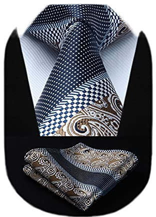 HISDERN Krawatten für Herren Extra Lange Paisley Krawatte und Einstecktuch Set Elegante Klassisch Hochzeit Seidenkrawatte Taschentuch Braun & Marine