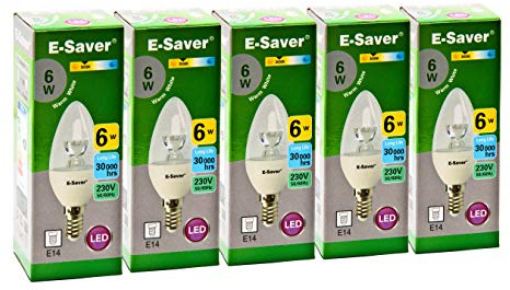 E-Saver - LED C37 Clear Candle 6w- Led Light Bulbs - (Pack of 5) - Warm White 3000k - E14 - Small Edition Screw (SES) - Replaces 60w Halogen Candles - New Chip Technology - Non Dimmable