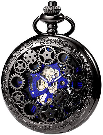 TREEWETO Unisex Taschenuhr mit Kette Analog Handaufzug Antik Zahnrad verziert Römische Schwarz